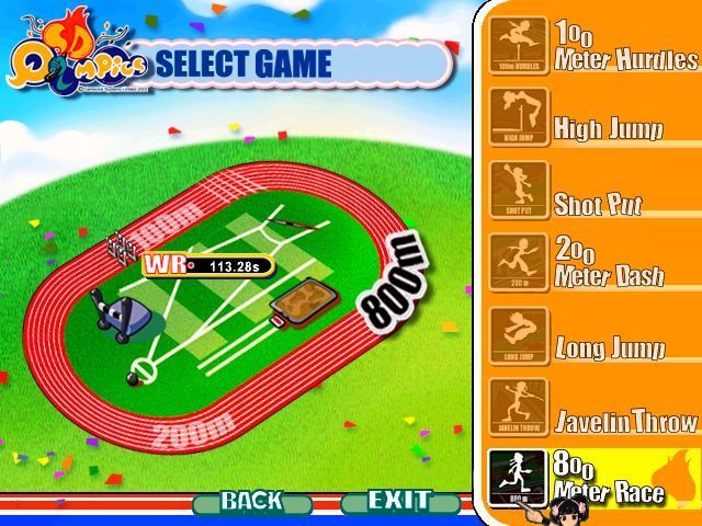 SD Qlympics (Windows) screenshot: In Practice mode the player gets to choose which event to compete in, in Combat mode there is no such choice