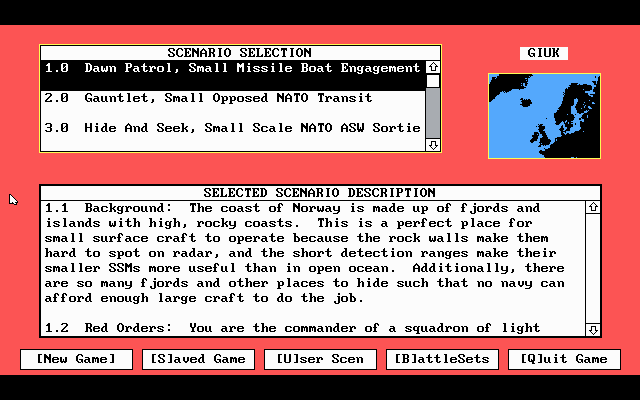 Harpoon (DOS) screenshot: Battleset and scenario selection