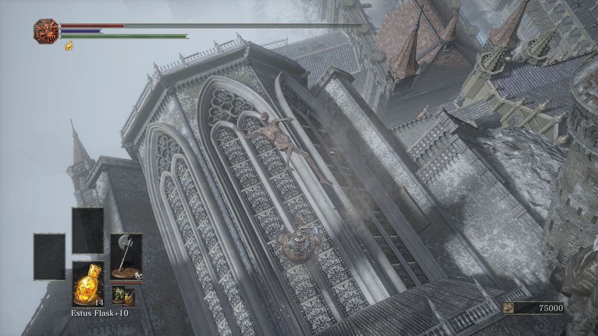 Dark Souls III: The Ringed City (Windows) screenshot: Falling through a cathedral window together with a corpse. Kids, don't try that at home