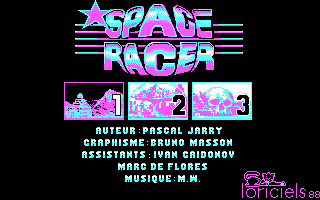 Space Racer (DOS) screenshot: Credits and main menu for track selection...