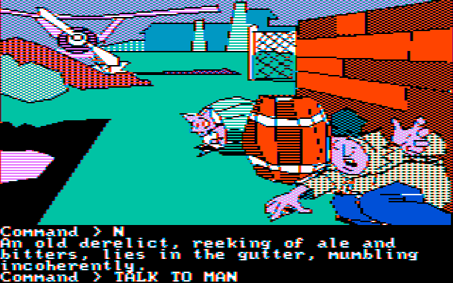 Mindshadow (PC Booter) screenshot: Guy in the gutter. (CGA Composite Mode)