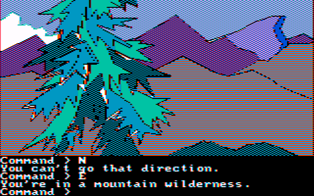 Mindshadow (PC Booter) screenshot: Forest. (CGA Composite Mode)
