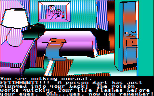 Mindshadow (PC Booter) screenshot: Hit by a poisoned dart! (CGA Composite Mode)