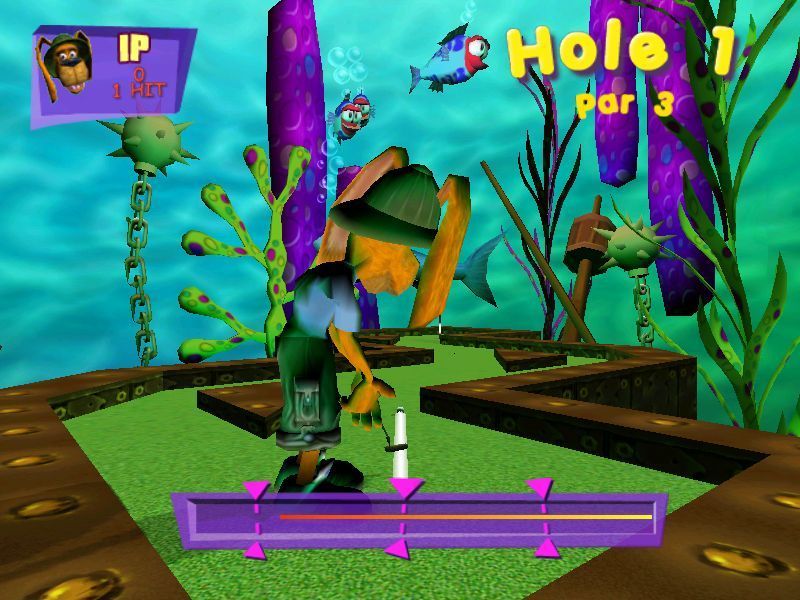Crazy Golf (Windows) screenshot: When the shot is aligned the player clicks the left mouse button to bring up the power bar. They then draw the mouse back to set the power and push forward to shoot