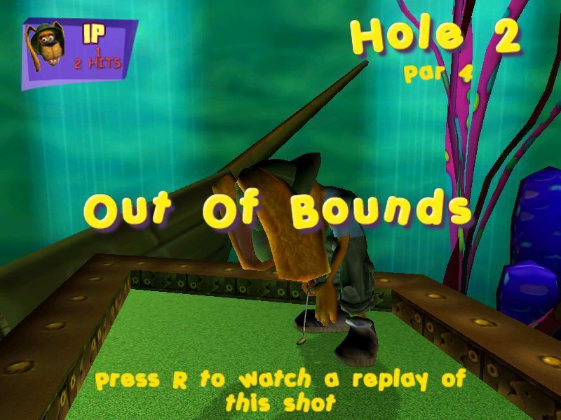 Crazy Golf (Windows) screenshot: If a ball goes off the course then it's out of bounds, which is very easy on holes with no walls and/or bottomless pits, and this costs two strokes.