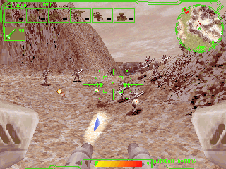 Uprising 2: Lead and Destroy (Windows) screenshot: Firing and taking fire (internal view)