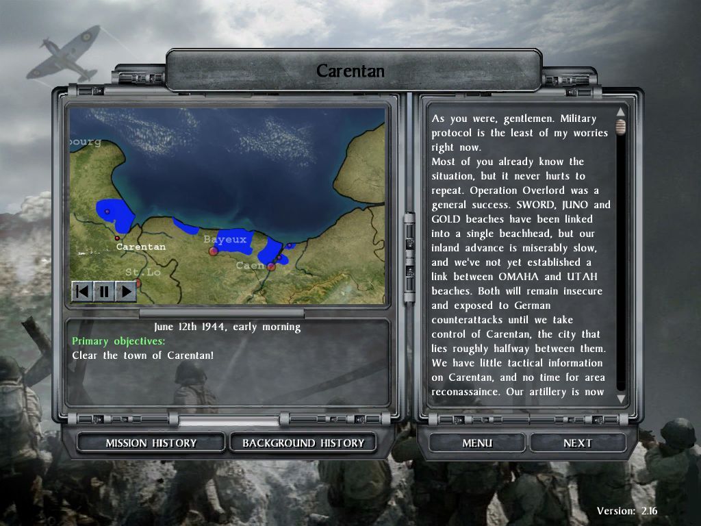D-Day (Windows) screenshot: Mission briefing (English) <br>This is the first mission in Chapter 1 of the game, there are three chapters in all