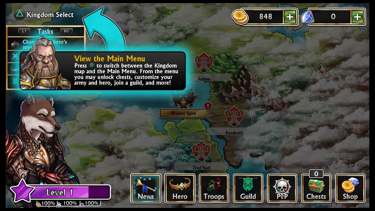 Gems of War (PlayStation 4) screenshot: Game menu