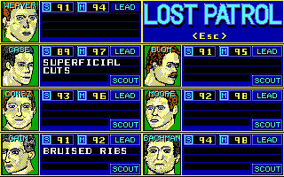 Lost Patrol (DOS) screenshot: Team overview (EGA)