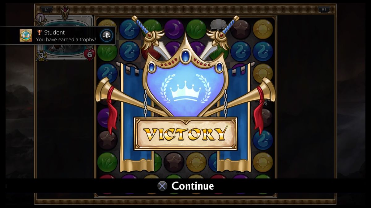Gems of War (PlayStation 4) screenshot: Earning trophies with my first victory against an enemy that can strike back