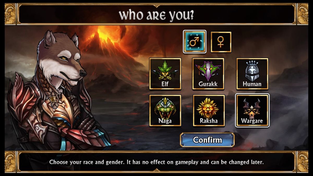 Gems of War (PlayStation 4) screenshot: Your character's race and gender selection, male wargare