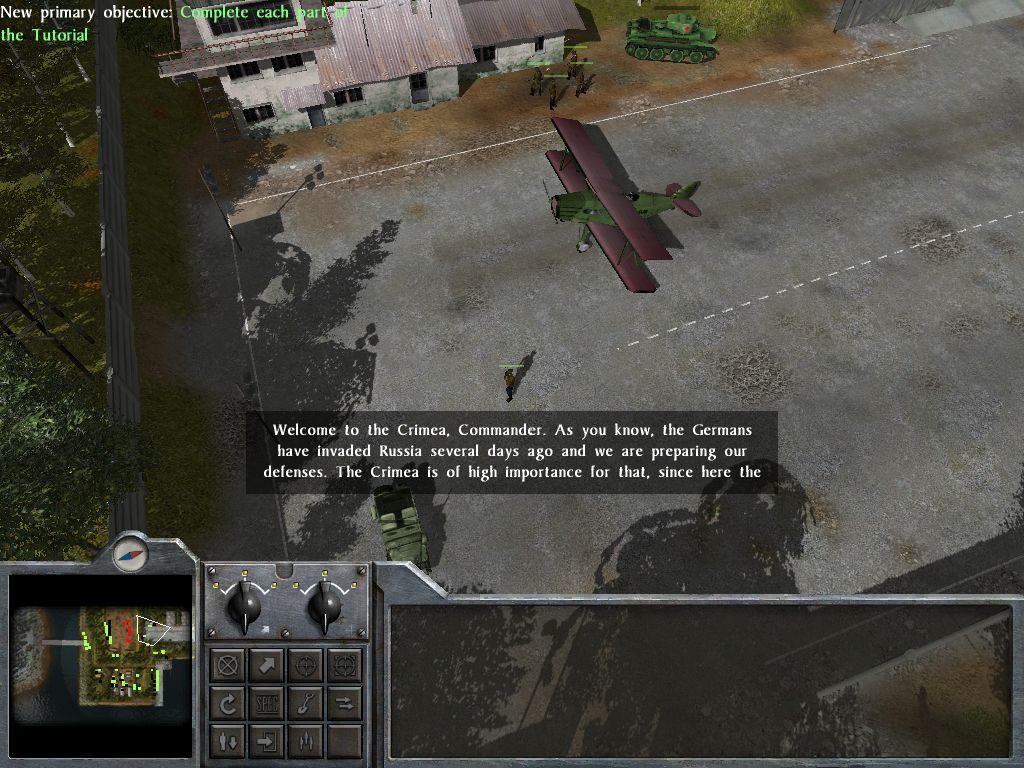 Moscow to Berlin: Red Siege (Windows) screenshot: There is a game tutorial. It starts with a Russian commander arriving by plane. The player must then get him in the jeep and drive to various locations where different controls are explained
