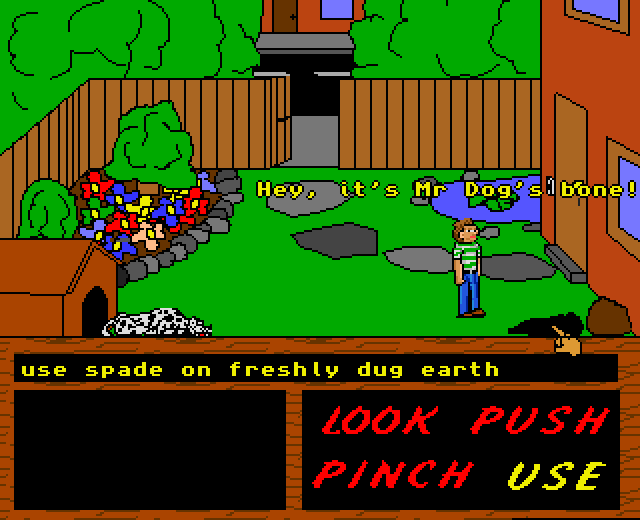 The Dodgy Game (Amiga) screenshot: First room: Locked outside in the garden
