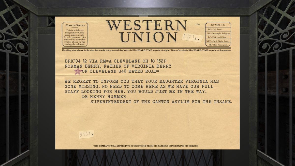 The Hat Man: Shadow Ward (Windows) screenshot: The letter you've received from the Canton Asylum, explaining that your daughter went missing.