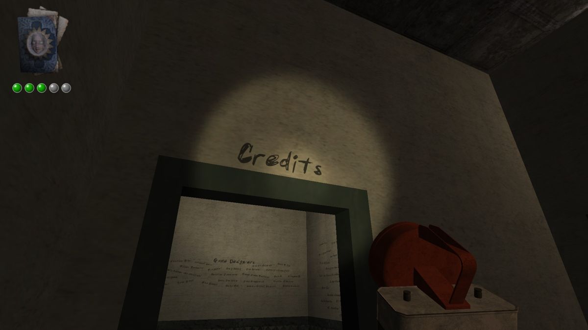 The Hat Man: Shadow Ward (Windows) screenshot: There's a room with game credits written in the wall.