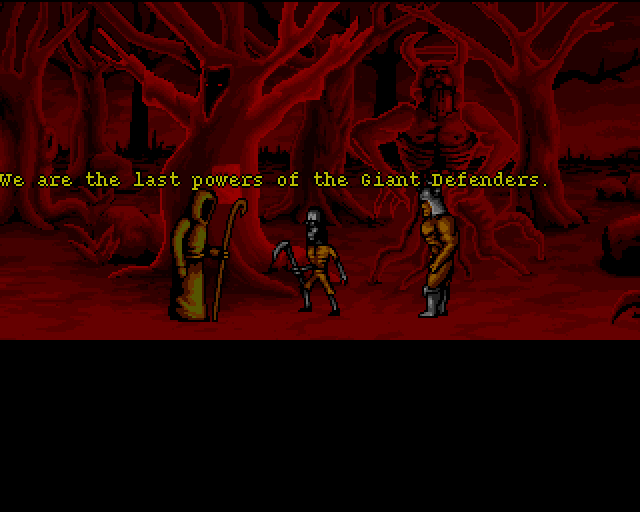 Lord of Alcandria: Chapter II (Amiga) screenshot: Two characters appear and tell you why you are here