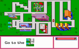 Stickybear: Town Builder (DOS) screenshot: In "take a drive" mode, the player navigates the car to a map location.