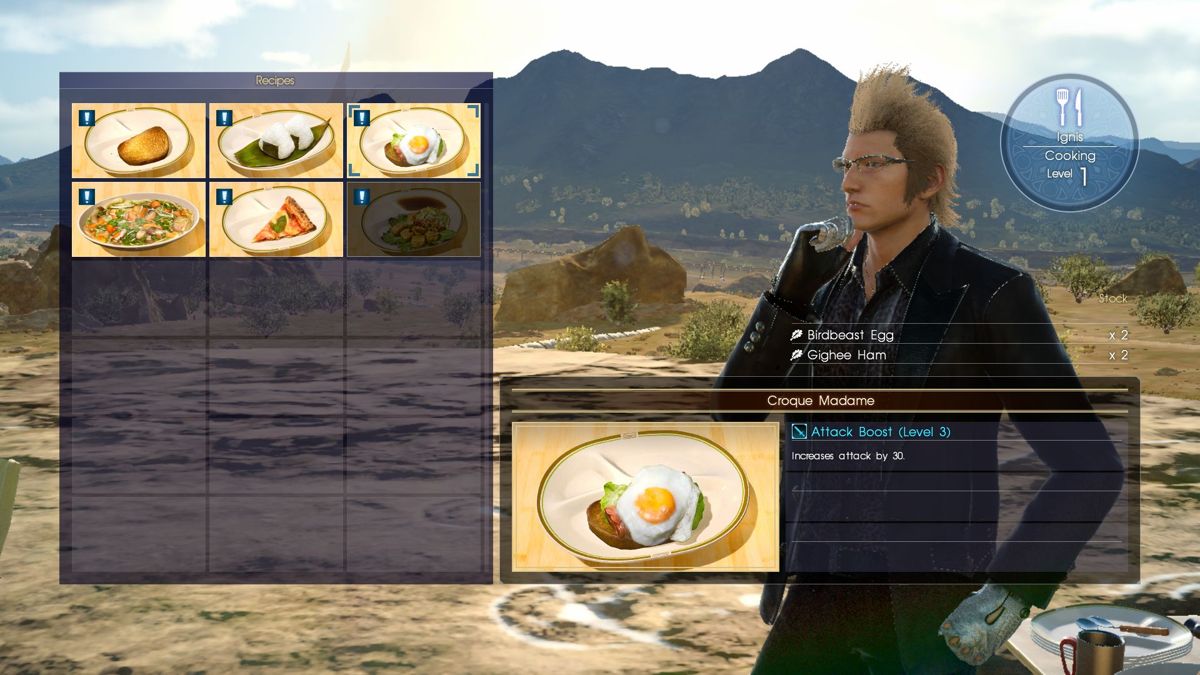 Final Fantasy XV: Windows Edition (Windows) screenshot: Ignis will cook meals when you rest, resulting in various level-up benefits
