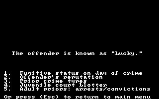 Crime and Punishment (DOS) screenshot: Not all of the information seems very useful.