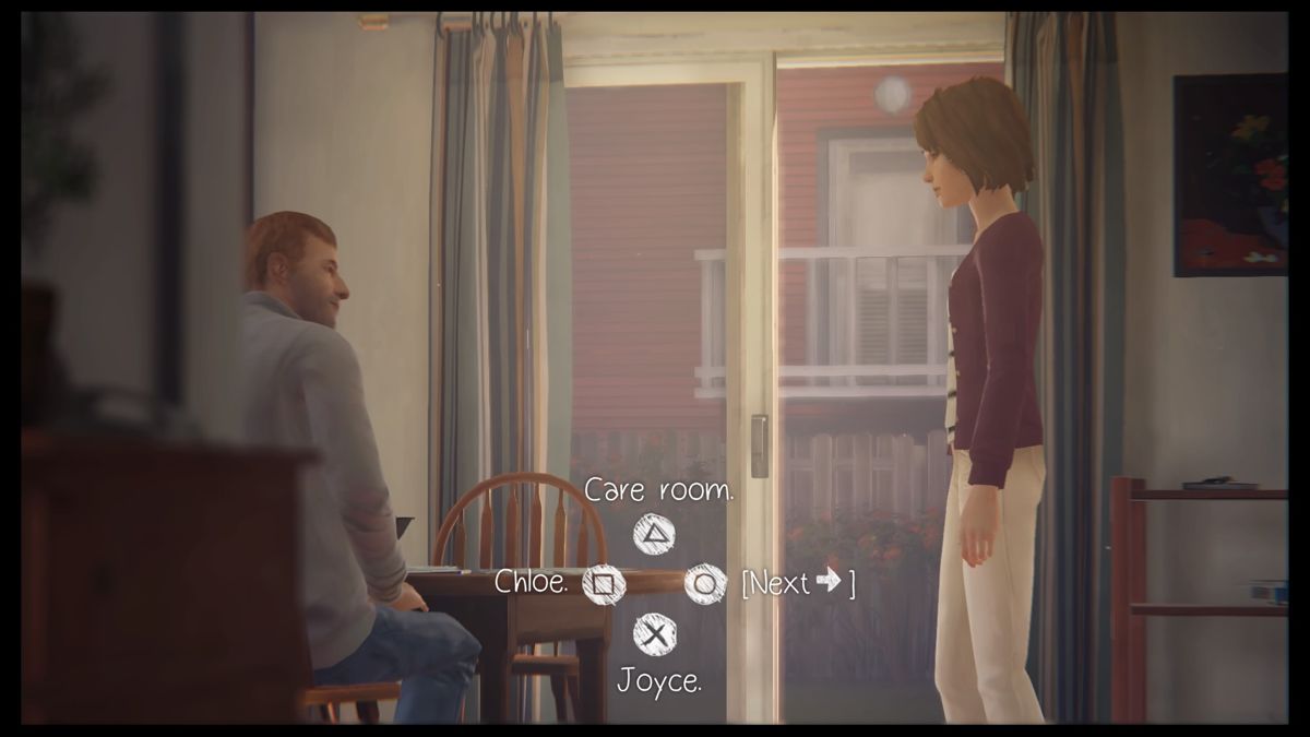 Life Is Strange: Episode 4 - Dark Room (PlayStation 4) screenshot: Talking to Chloe's father, who is alive in this reality