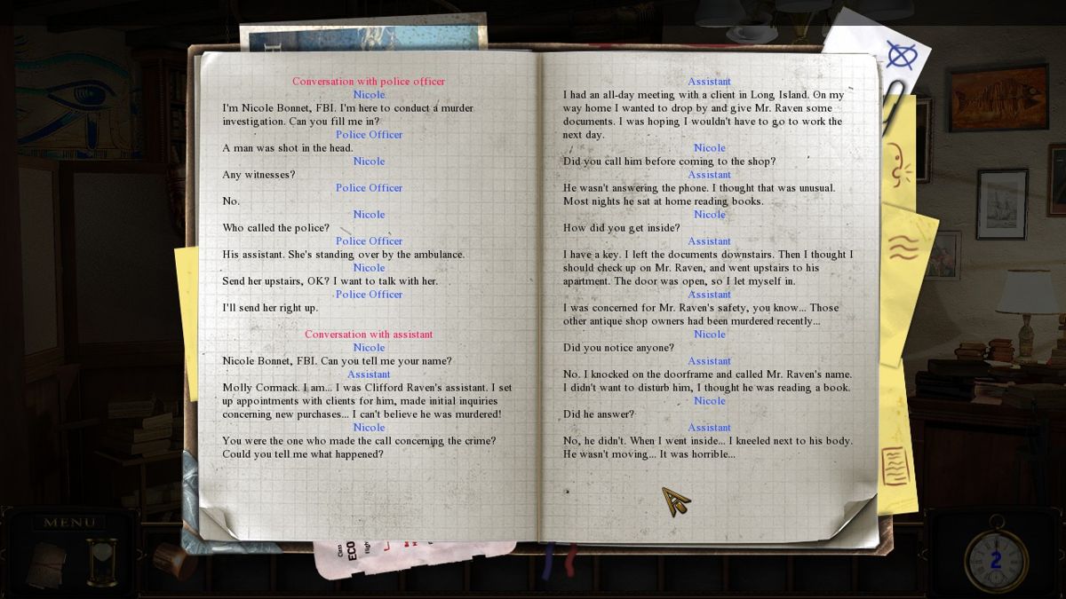Art of Murder: Deadly Secrets (Windows) screenshot: Character dialogues are stored in your journal