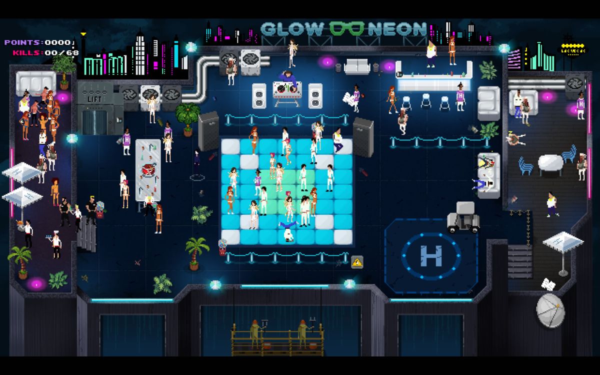 Party Hard (Windows) screenshot: Another club scene with two bouncers on the left guarding the VIP area.