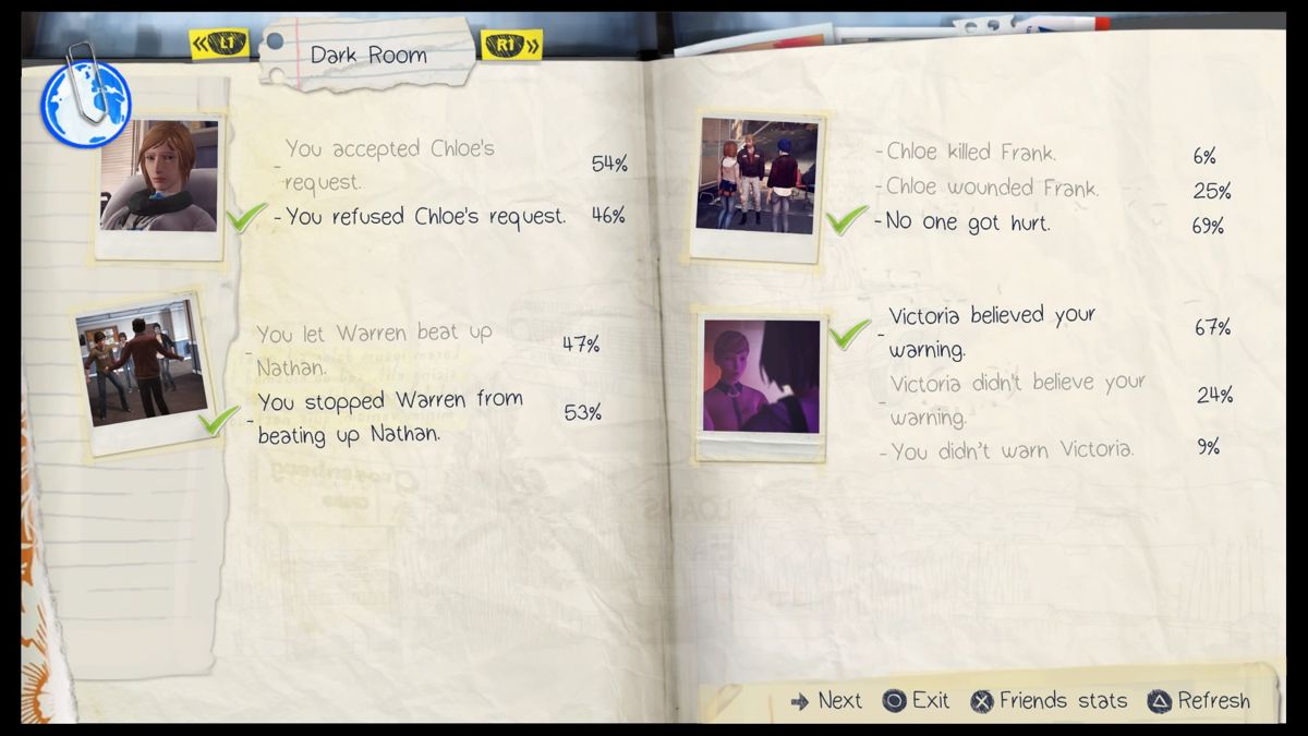 Life Is Strange: Episode 4 - Dark Room (PlayStation 4) screenshot: Key episode choices in comparison to other players
