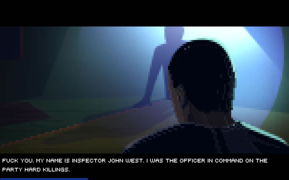 Party Hard (Windows) screenshot: John West talking in one of the cut-scenes. The blue bar shows how much of the story is left in this sequence.