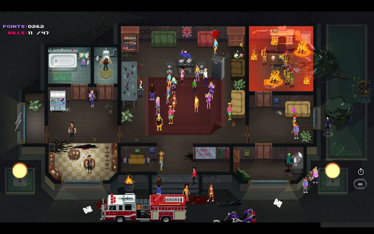 Party Hard (Windows) screenshot: I put a room on fire and that will cause a lot of distraction.