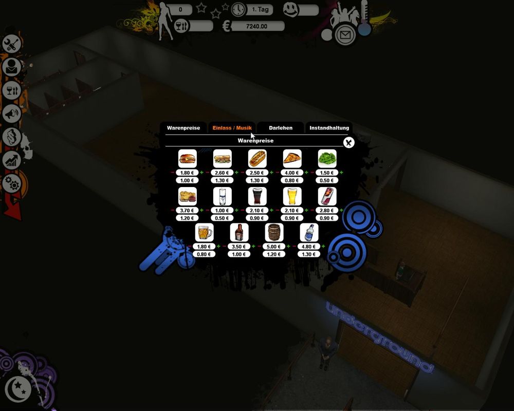 Disco Tycoon (Windows) screenshot: Prices for drinks and food