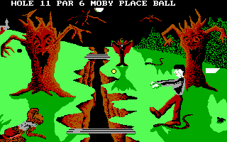 Hole-In-One Miniature Golf (DOS) screenshot: No game is complete without zombies. Even a minigolf game (EGA).