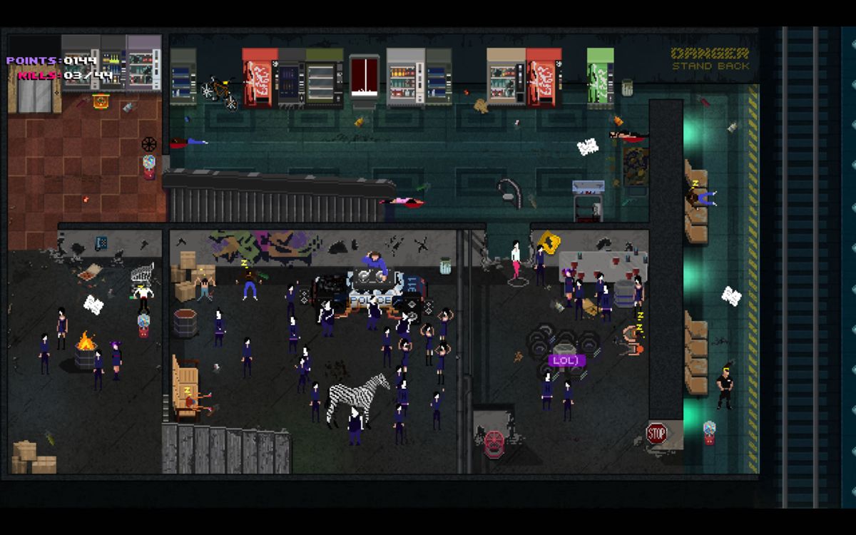 Party Hard (Windows) screenshot: One of the final, regular levels with a Goth rave. The FBI agents will make it difficult for you.