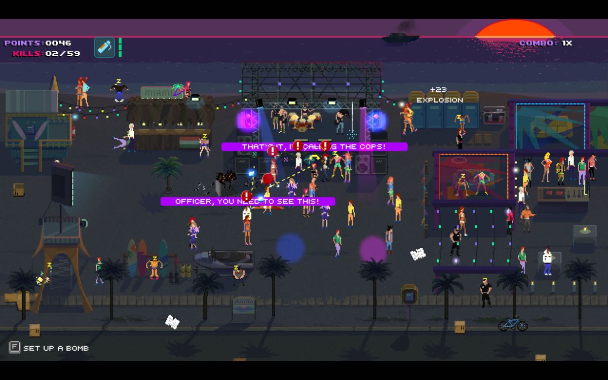 Party Hard (Windows) screenshot: Katie is working on the right, but the chaos is causing the people in the middle to blame each other.