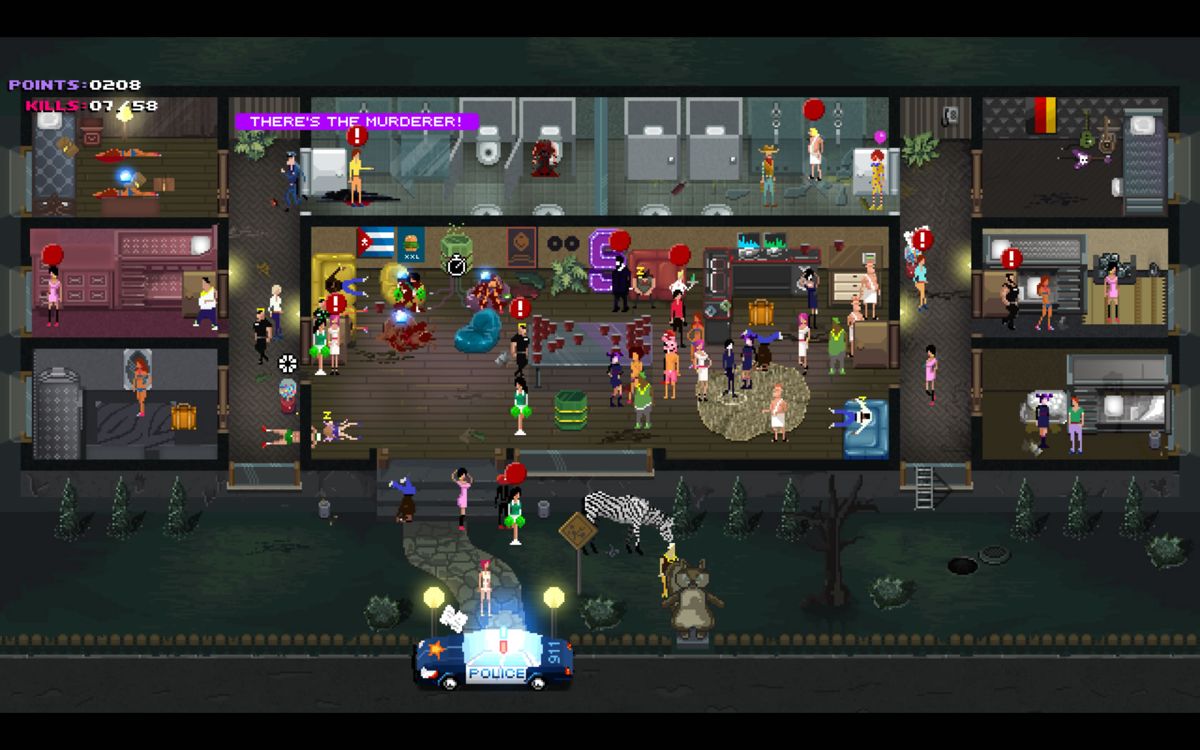 Party Hard (Windows) screenshot: This level is packed with almost 60 guests. You can call in a fellow mass murderer.