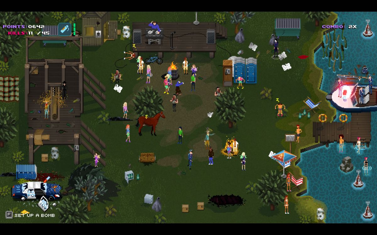 Party Hard (Windows) screenshot: An outdoors level. You can push people in a tent and set it on fire, or irritate the horse so it kicks.