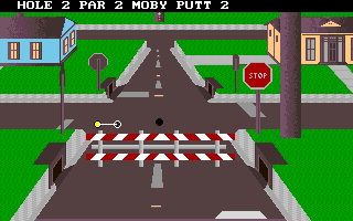 Hole-In-One Miniature Golf (DOS) screenshot: The "Fantasy Course" is by far the most creative.