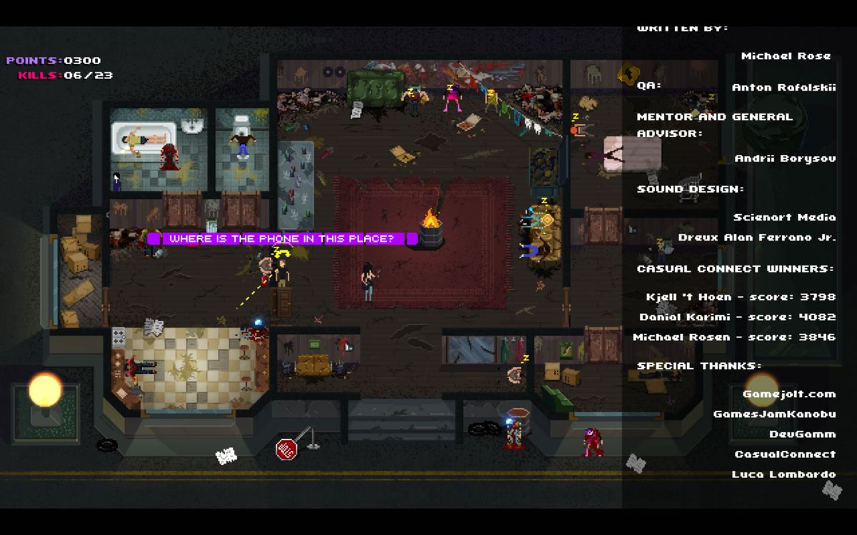 Party Hard (Windows) screenshot: The final, regular level plays with the credits scrolling in the background.