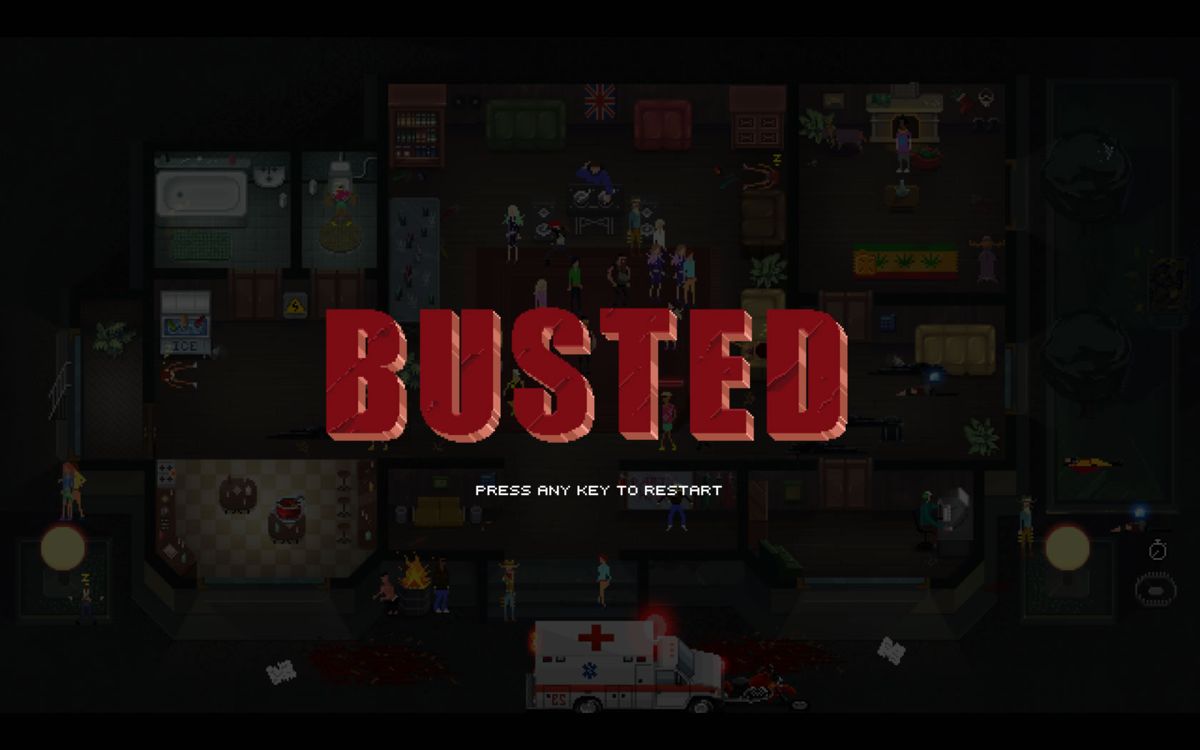 Party Hard (Windows) screenshot: Busted: retry the level.