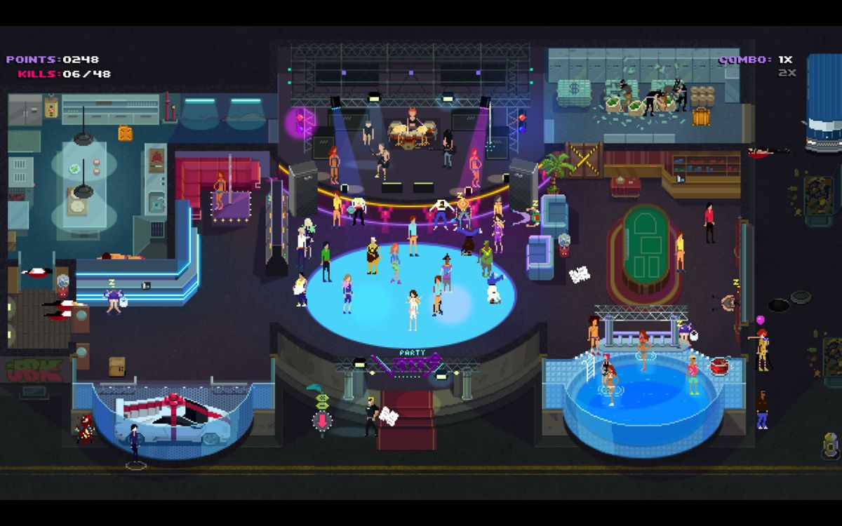Party Hard (Windows) screenshot: A level in a club with a pool. You can start the car and it will drive over the bouncer.
