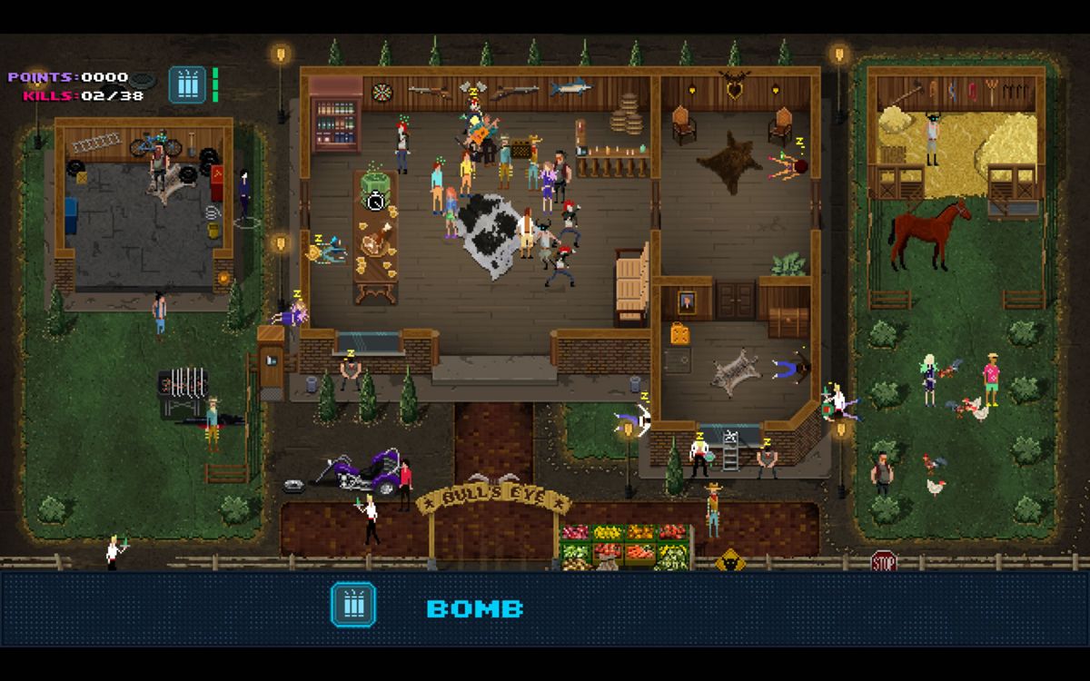 Party Hard (Windows) screenshot: A level on a ranch. I have poisoned the drinks. Many guests are affected and they will soon pass out and die, causing more chaos.