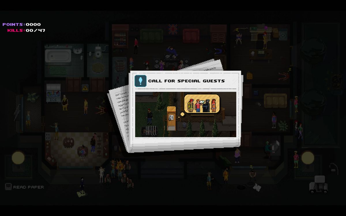 Party Hard (Windows) screenshot: You can read newspapers for hints.