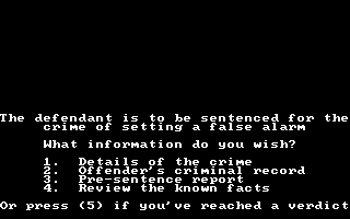 Crime and Punishment (DOS) screenshot: We learn the crime and may request more information.
