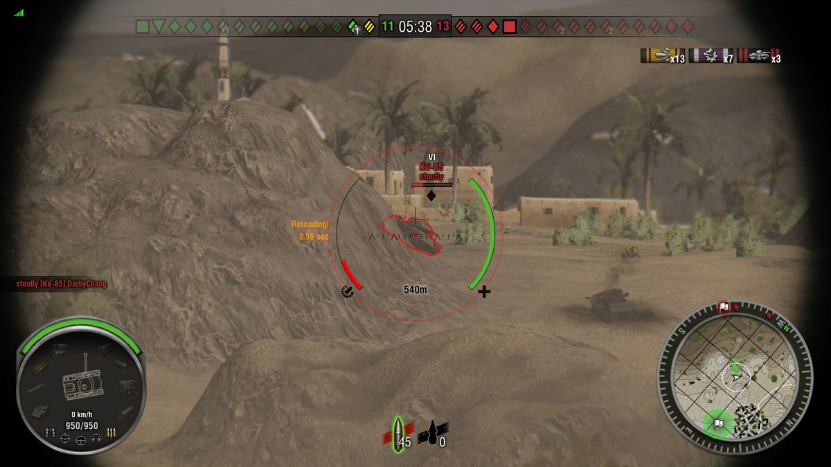 World of Tanks (PlayStation 4) screenshot: Why, hello! Enemy team has the advantage in numbers, but the battle is still not lost