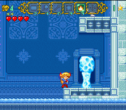 Magical Pop'n (SNES) screenshot: Using the fire move to melt down icy blocks