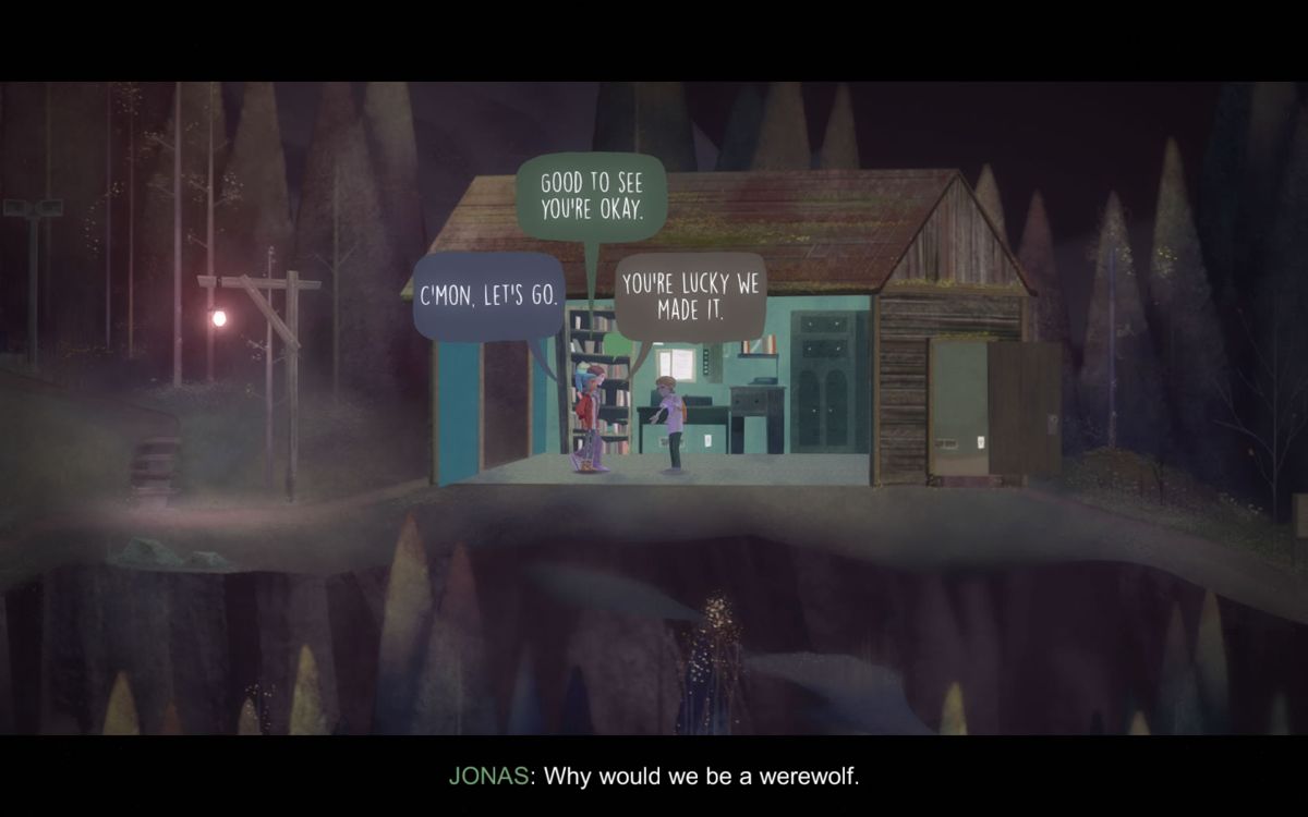 Oxenfree (Windows) screenshot: Meeting Ren in a house.