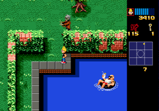 Zombies Ate My Neighbors (Genesis) screenshot: The stupid neighbor is sitting in the middle of the pool and seems to ignore the zombies entirely