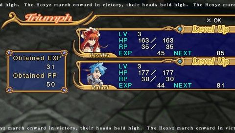 Hexyz Force (PSP) screenshot: Leveling up, probably the most fun part of any RPG.