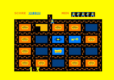 Oh Mummy (Amstrad CPC) screenshot: I have revealed all the boxes. Now to exit.