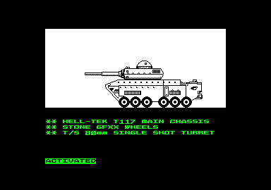 Panzadrome (Amstrad CPC) screenshot: Introductory shot of tank specs