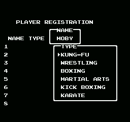 Flying Warriors (NES) screenshot: Enter your name and what style of fighting you want to have.